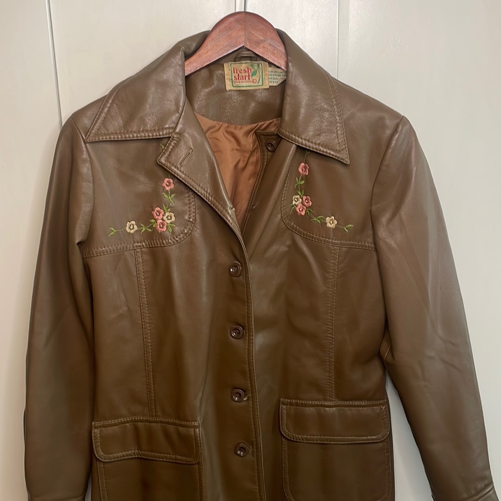 Vintage Brown Leather Jacket with Floral Embroidery